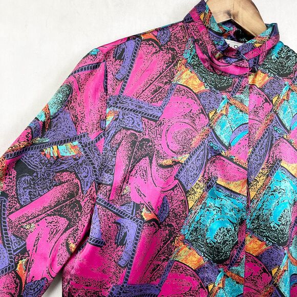 Vintage Maxilou Womens Blouse Size 8 Satin Vibrant Dopamine Colorful Statement - Picture 2 of 9